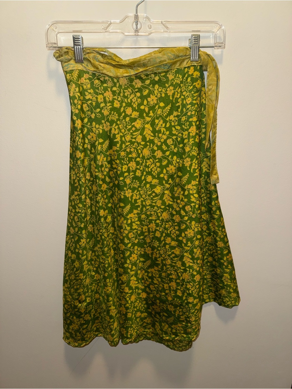 100% Silk Reversible Green and Yellow Floral Wrap Midi Skirt